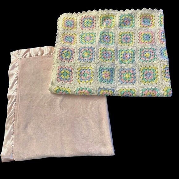 VTG Handmade Crochet Granny Square Baby Afghan & Retro Pink Plush/Satin Blanket - Picture 1 of 12